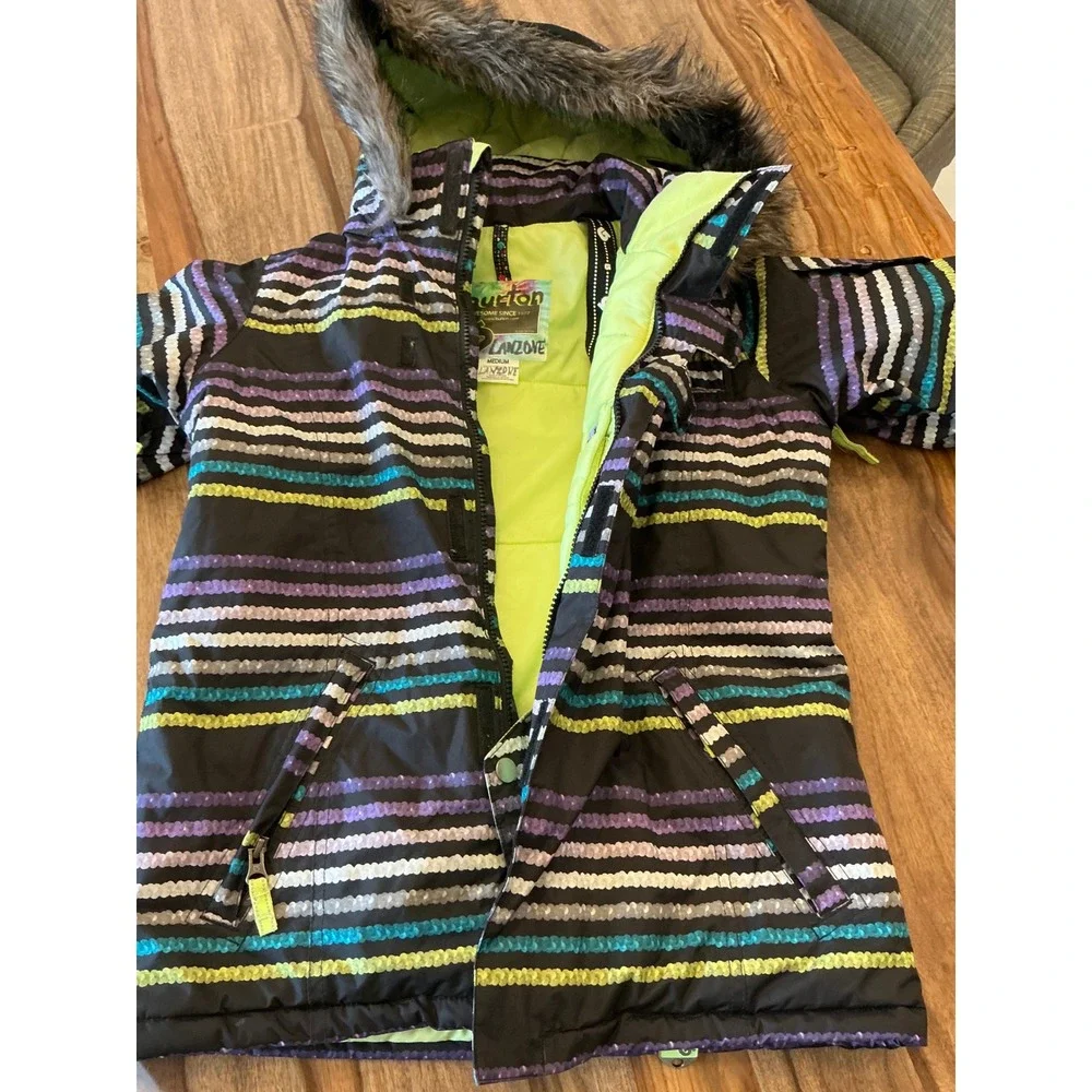 Burton Girls Mistique Snowboard Jacket Striped DryRide Insulated Size M 10/12